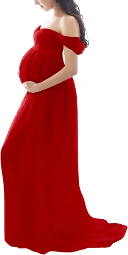 Vista 3 de Maternity Dress for Photography Off Shoulder Chiffon Gown Split Front Maxi Pregnancy Dresses for Photoshoot