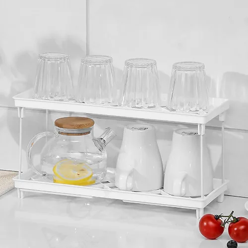 Vista 5 de Estante apilable para gabinete, estante plegable de plástico para armario de cocina, estante de almacenamiento de escritorio, estante organizador