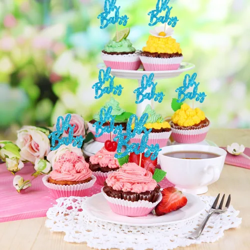 Vista 4 de 24 adornos para cupcakes con purpurina para baby shower, para baby shower, temática de revelación de género, decoraciones para pasteles para baby