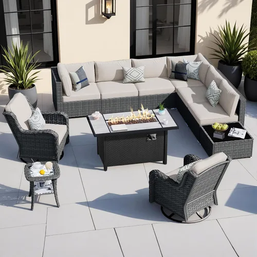Vista 22 de HOOOWOOO Juego de sofá modular para patio al aire libre, 7 piezas en forma de U, juego de sofá de mimbre rústico para 6 personas, juego de Beige