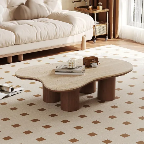 Vista 8 de Mesa de centro de nube de 48.4 pulgadas, parte superior de piedra sinterizada de travertino beige con patas de madera marrón, mesa central