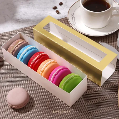 Vista 3 de 25 cajas de macarrones para 6 macarrones, cajas de macarrones dorados con medida interior, 7.3 x 1.9 x 1.9 pulgadas, cajas de regalo de macarons