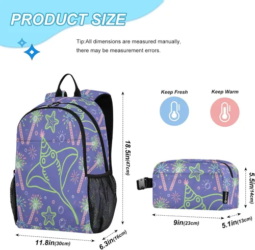 Vista 2 de Animal infantil Manta Ray Fuegos Artificiales Púrpura Mochila Para Niño Mochila Con Caja De Almuerzo Niños 10-12 mochilas y loncheras escolares