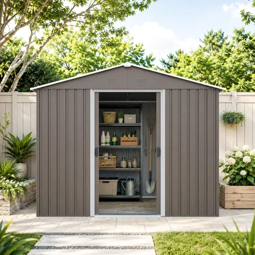 Vista 9 de Cobertizo de almacenamiento para exteriores de 6.23 x 4.3 pies con base de metal, puertas correderas y ventanas, protección solar, cobertizo de Gris