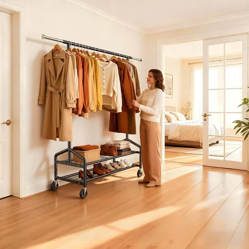 Vista 9 de Perchero de ropa resistente, 650 libras de carga para colgar ropa con 2 estantes resistentes, perchero de metal con ruedas para dormitorio