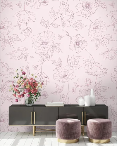 Vista 5 de Papel pintado floral Amapola flor dibujo mural de pared (ESTILO 1)