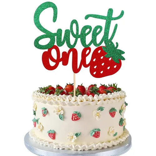 Vista 18 de 24 piezas de adornos para cupcakes de fresa, purpurina roja, temas de frutas, bayas y fresas, para verano, dulces, baby shower, fiesta