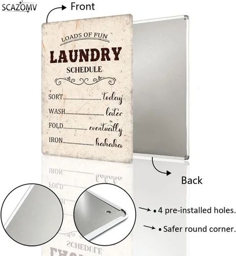 Vista 3 de SCAZOMV Letrero de horario de lavandería para decoración y accesorios de lavandería, letreros de metal rústico para colgar en la pared, decoración