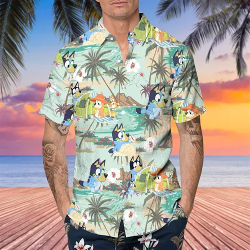 Vista 6 de Blueys - Camisa hawaiana para hombre, diseño de dibujos animados, color azul, para adultos, jóvenes, verano, vacaciones, regalo para él, papá, vida