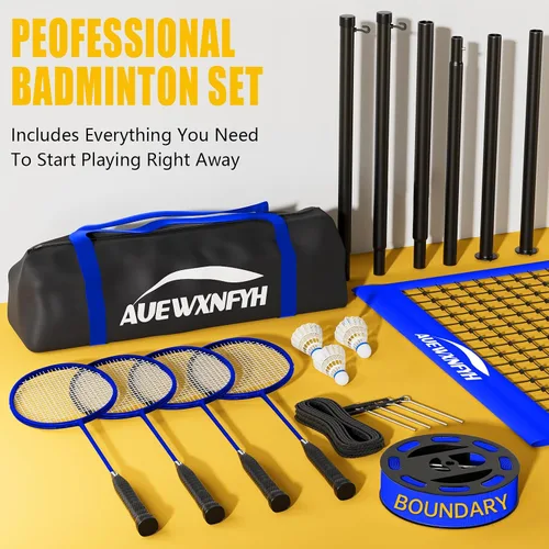 Vista 5 de Juego de bádminton portátil, red resistente para exteriores con 4 raquetas, 3 volantes y línea de límite para juegos familiares de patio trasero
