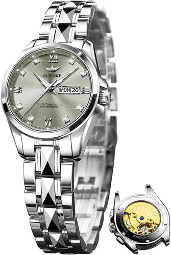 Vista 11 de OLEVS Reloj automático para mujer, color azul, dos tonos, fecha, reloj mecánico, calendario, reloj de pulsera impermeable con diamantes