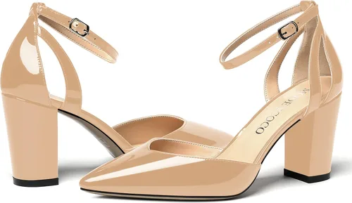 Vista 6 de MODENCOCO Zapatos de tacón alto de charol D'Orsay con correa de tobillo recortada para mujer, 3.5 pulgadas