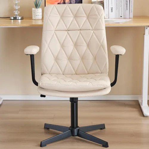 Vista 7 de Silla de escritorio sin ruedas, silla giratoria de oficina en casa con patas cruzadas Sillón de acento sólido blanco crema
