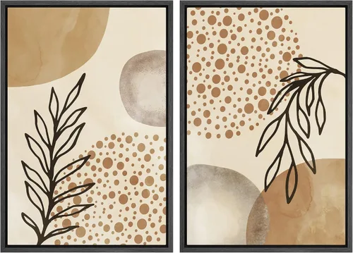 Vista 22 de SIGNFORD Lienzo enmarcado para pared, juego de arte geométrico retro de mediados de siglo, plantas forestales, ilustraciones con formas abstractas