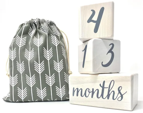 Vista 10 de Pondering Pine Bloques de hitos para bebé, madera de pino natural con semanas, meses y años, juego de bloques de edad con bolsa bohemia de arcoíris