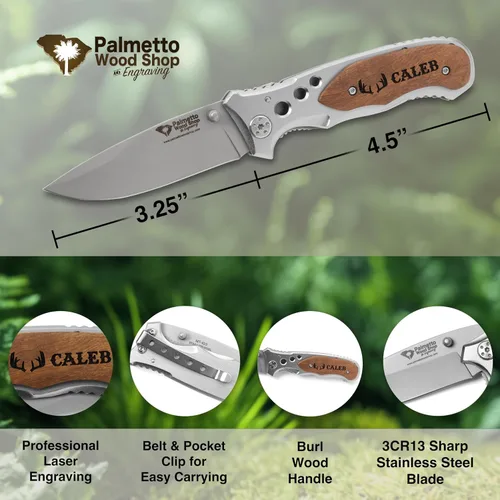 Vista 2 de Palmetto Wood Shop Regalos para él, cuchillo de bolsillo personalizado grabado con láser, regalos para marido, papás, día del padre, San Valentín