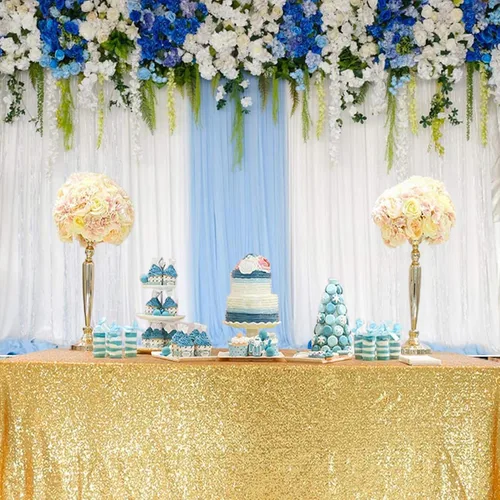 Vista 4 de Telón de fondo de poliéster de 5 x 3 pies, flores blancas y azules, decoración floral, fondo de fotografía, cortina azul y blanco, ceremonia