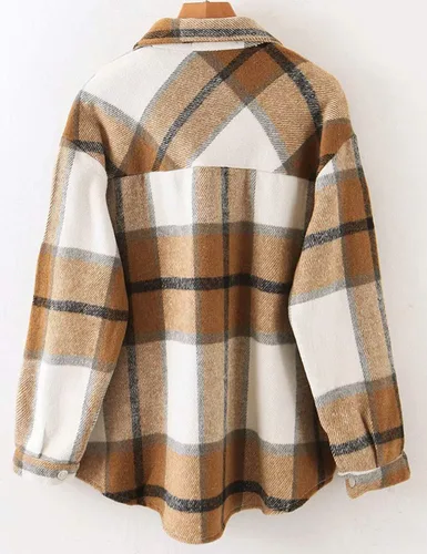 Vista 3 de Tanming - Chaquetas de franela cepillada para mujer, a cuadros, con botones, solapas y bolsillos, camisa tipo chaqueta