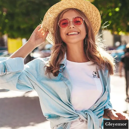 Vista 4 de Gleyemor Gafas de sol redondas polarizadas para hombres y mujeres, lentes 01 Oro/Rojo Claro