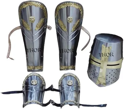 Vista 3 de Medieval Crusader - Casco de caballero templario de Halloween con protectores de brazos y protectores de piernas conjunto de decoraciones