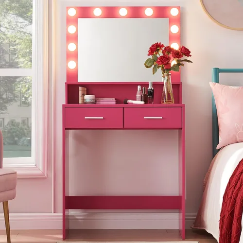 Vista 9 de MIRROTOWEL Escritorio de tocador de 47.5 pulgadas con espejo grande, 3 modos de iluminación de color, brillo ajustable, cómoda con 3 cajones y 2
