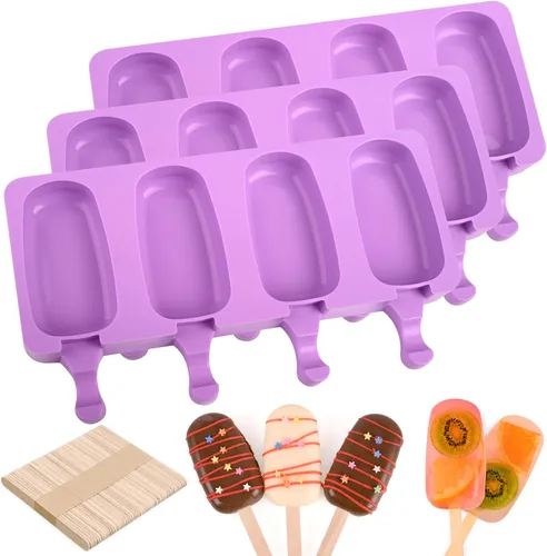 Vista 17 de Sakolla - Juego de moldes de silicona para paletas de hielo, 4 cavidades, moldes para helado ovalados con 50 palos de madera