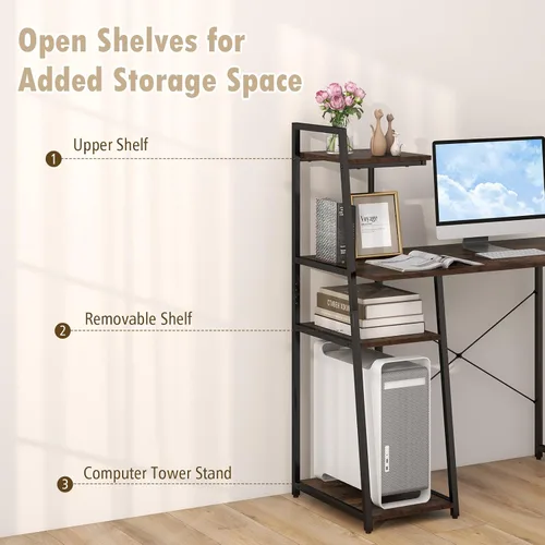Vista 6 de COSTWAY Escritorio para computadora con estantes de almacenamiento de 4 niveles, mesa de escritorio de oficina en casa con marco resistente