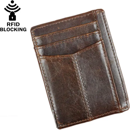 Vista 2 de Le'aokuu RFID Real Leather Minimalist Slim Wallet Front Pocket Credit Card Case