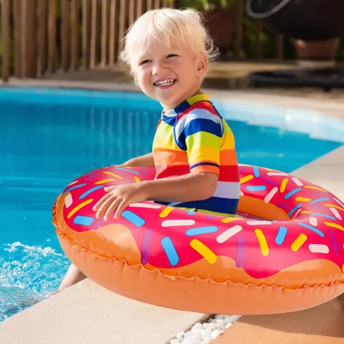 Vista 6 de Meooeck 12 piezas de donas inflables surtidas inflables para piscina, flotadores de tubo circular, decoración de fiesta de cumpleaños, globos