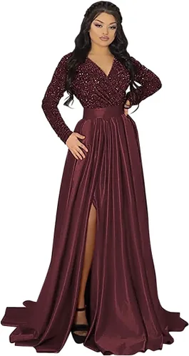Vista 5 de YMSHA Vestido de fiesta de graduación con lentejuelas brillantes para mujer, con bolsillos, manga larga, satén, vestido de noche formal con abertura
