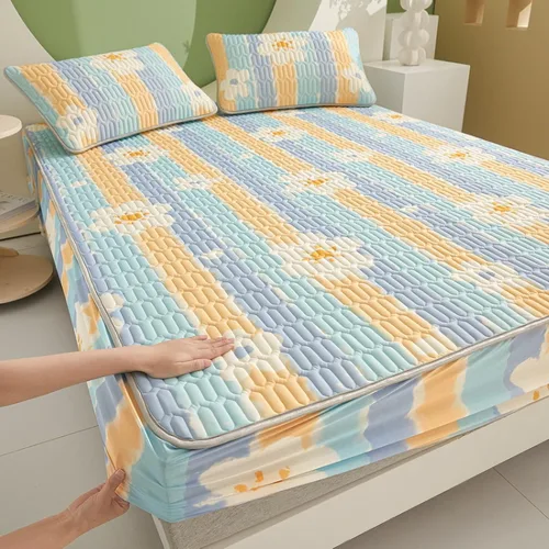 Vista 21 de FCLDESHOP Sábanas de bolsillos profundos, sábana bajera con estampado de látex fresco grueso de verano, protector de colchón de animé de dibujos