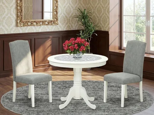 Vista 2 de East West Furniture ANEN3-LWH-06 - Juego de mesa de cocina de 3 piezas contiene una mesa de comedor redonda con pedestal y 2 sillas de comedor