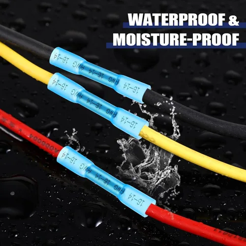 Vista 4 de Frienda 500 Piezas Conectores de Cable Termorretráctiles a Tope Azules Awg 16-14 Aislados Impermeables Conectores de Cable Eléctrico Automotriz