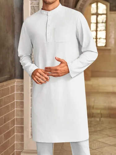Vista 2 de Bata de caftán para hombre, con botones, manga larga, estilo Henley, de algodón, casual, con abertura lateral Blanco