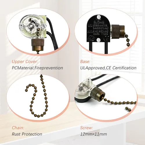 Vista 3 de Zing Ear ZE-109 - Interruptor de velocidad para ventilador de techo, 2 unidades Practical replacement lamp pull switch, compatible with most