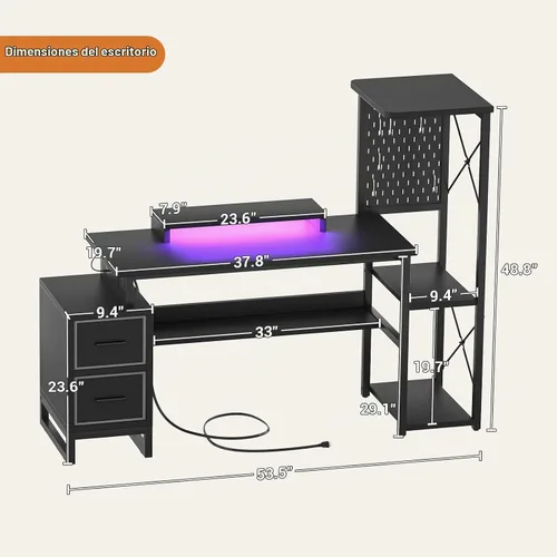 Vista 3 de Escritorio para computadora con 2 cajones de tela - Escritorio reversible de oficina en casa con toma de corriente y luces LED, escritorio