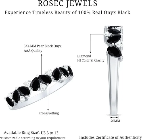 Vista 15 de Anillo de banda de media eternidad con diamantes de ónix negro certificado, calidad AAA, anillo de piedra natal de diciembre (listo para regalar)
