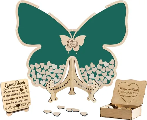Vista 18 de Libro de invitados de boda de mariposa personalizado con corazones de madera, borde de madera personalizado, ideas alternativas, libro de invitados