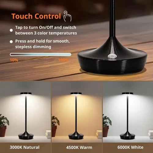 Vista 4 de Lámpara de mesa inalámbrica recargable - Luz de mesa LED operada con batería de 6000mAh - Lámparas de mesa portátiles táctiles regulables