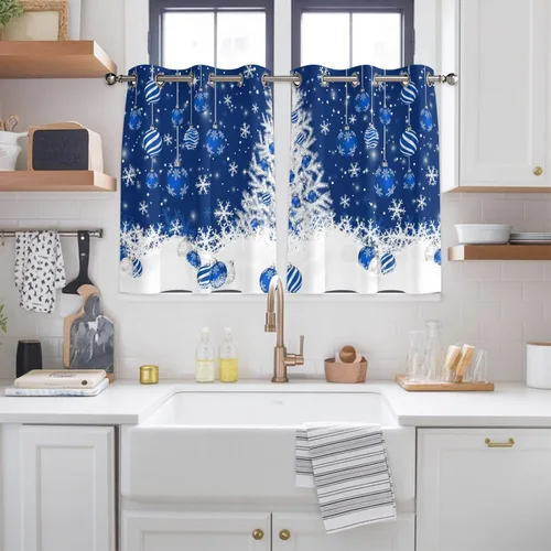 Vista 25 de Libaoge Cortinas de Navidad para cocina, dormitorio, juego de 2 paneles, diseño de muñeco de nieve de Navidad, cortinas de invierno con copos