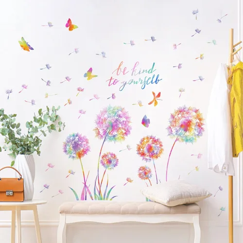 Vista 7 de Calcomanías de pared grandes de diente de león, calcomanías de pared de flores coloridas, calcomanías de pared para despegar y pegar, calcomanías