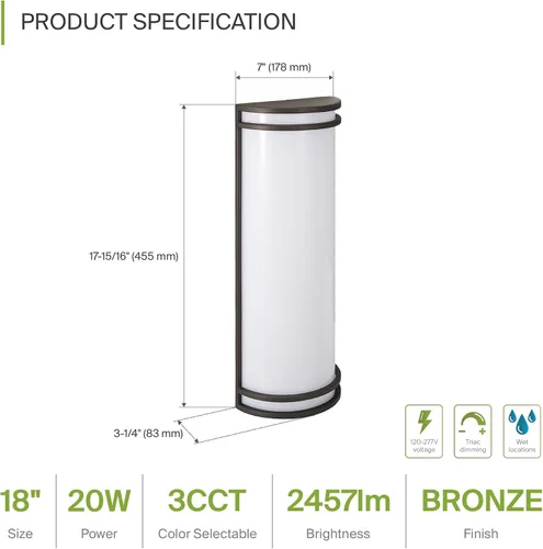 Vista 2 de ASD Luminaria LED de Montaje en Pared de 18 Pulgadas para Exteriores e Interiores - Aplique de Pared Moderno de Bronce Frotado con Aceite - 20W
