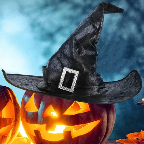 Vista 3 de Sombrero de bruja para Halloween para hombres y mujeres disfraz negro para cosplay y fiestas para niñas sombrero de ala ancha accesorio puntiagudo