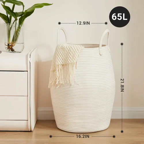 Vista 6 de Canasta de lavandería de cuerda de algodón Fiona's magic, cesta de lavandería tejida grande de 65L, cesto alto para ropa sucia para guardar mantas