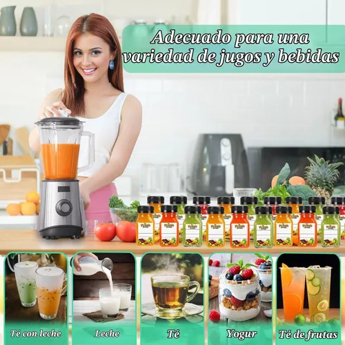 Vista 5 de 100 mini botellas de plástico para jugo de 4 onzas con tapas, botellas transparentes reutilizables con etiquetas, embudo y cepillo, adecuadas