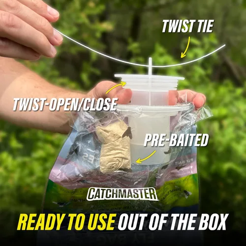 Vista 14 de Catchmaster - Trampa para moscas reutilizable para exteriores, 1 tarro azul colgante con cebo Catches All Species of Fly, Fly Traps Outdoor w