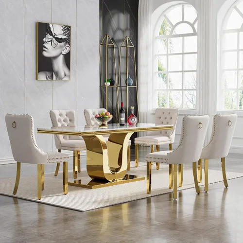Vista 89 de Juego de 4 mesas de comedor blancas y doradas, mesa de cocina rectangular de 68 pulgadas con parte superior de mármol sintético blanco, mesa de Mesa