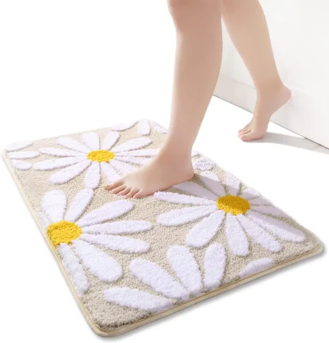 Vista 26 de QJHOMO Alfombra de baño beige con diseño de margaritas, decoración de flores blancas y amarillas, alfombra antideslizante de microfibra, súper