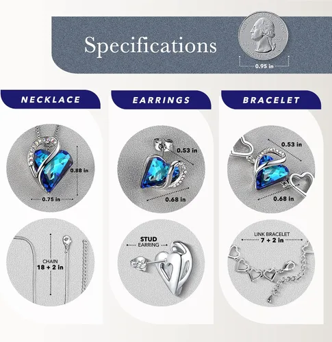 Vista 3 de Leafael Infinity Love - Juego de joyas con forma de corazón Collar con colgante, pulsera de eslabones y aretes con piedra de nacimiento azul