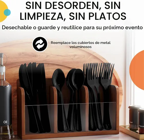 Vista 5 de Party Solids Cubiertos de plástico negro resistente, 150 piezas, cubiertos desechables negros, juegos de utensilios, 50 de cada tenedor, cuchillos